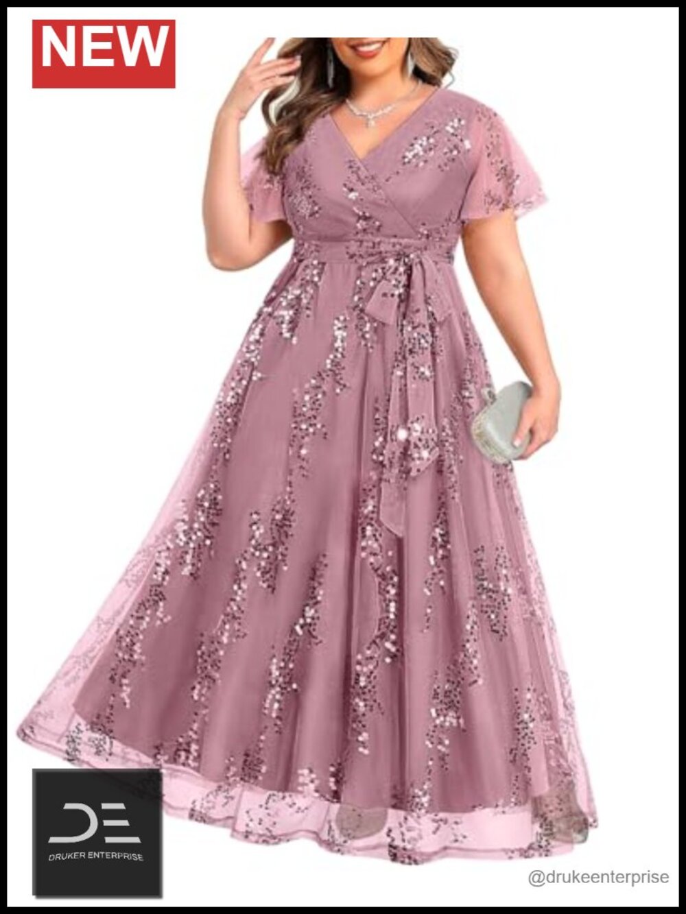 Plus Size Sequin Maxi Dress Formal Wedding Guest A-Line Flutter Sleeve